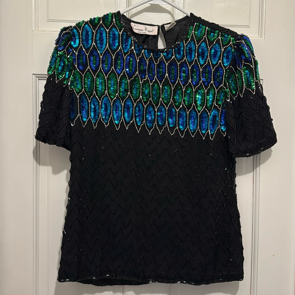 Vintage Beaded Sequins Laurence Kazar New York Silk Top Size Petite Small